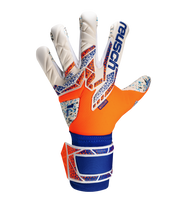 Guantes de portero de futbol  Attrakt Fusion naranja blanco de Reusch con palma de látex profesional, tecnología Grip Fusion para agarre superior, corte Evolution Negative ergonómico y sistema AirVentSystem de ventilación unokeeper.