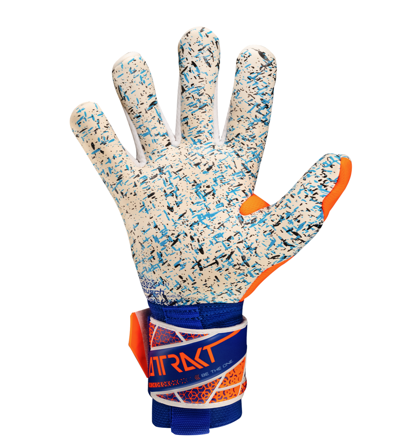 Guantes de portero de futbol  Attrakt Fusion naranja blanco de Reusch con palma de látex profesional, tecnología Grip Fusion para agarre superior, corte Evolution Negative ergonómico y sistema AirVentSystem de ventilación unokeeper.