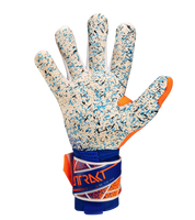 Guantes de portero de futbol  Attrakt Fusion naranja blanco de Reusch con palma de látex profesional, tecnología Grip Fusion para agarre superior, corte Evolution Negative ergonómico y sistema AirVentSystem de ventilación unokeeper.