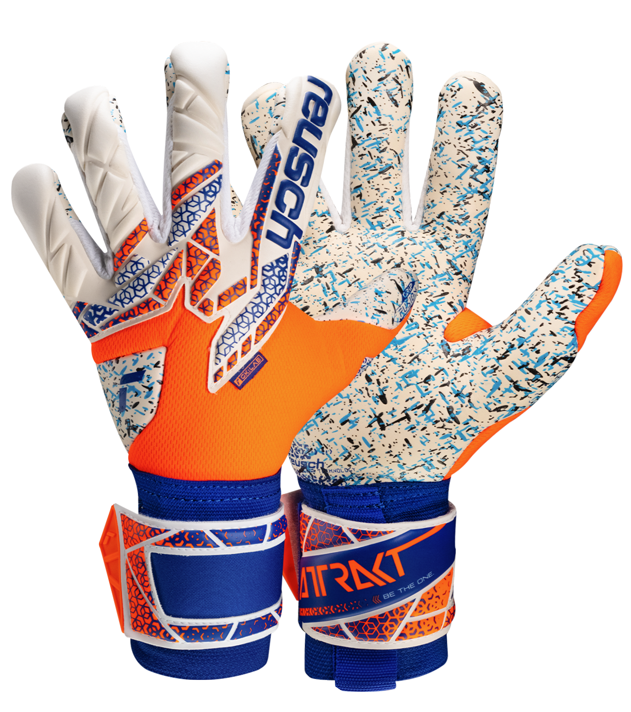 Guantes de portero de futbol  Attrakt Fusion naranja blanco de Reusch con palma de látex profesional, tecnología Grip Fusion para agarre superior, corte Evolution Negative ergonómico y sistema AirVentSystem de ventilación unokeeper.