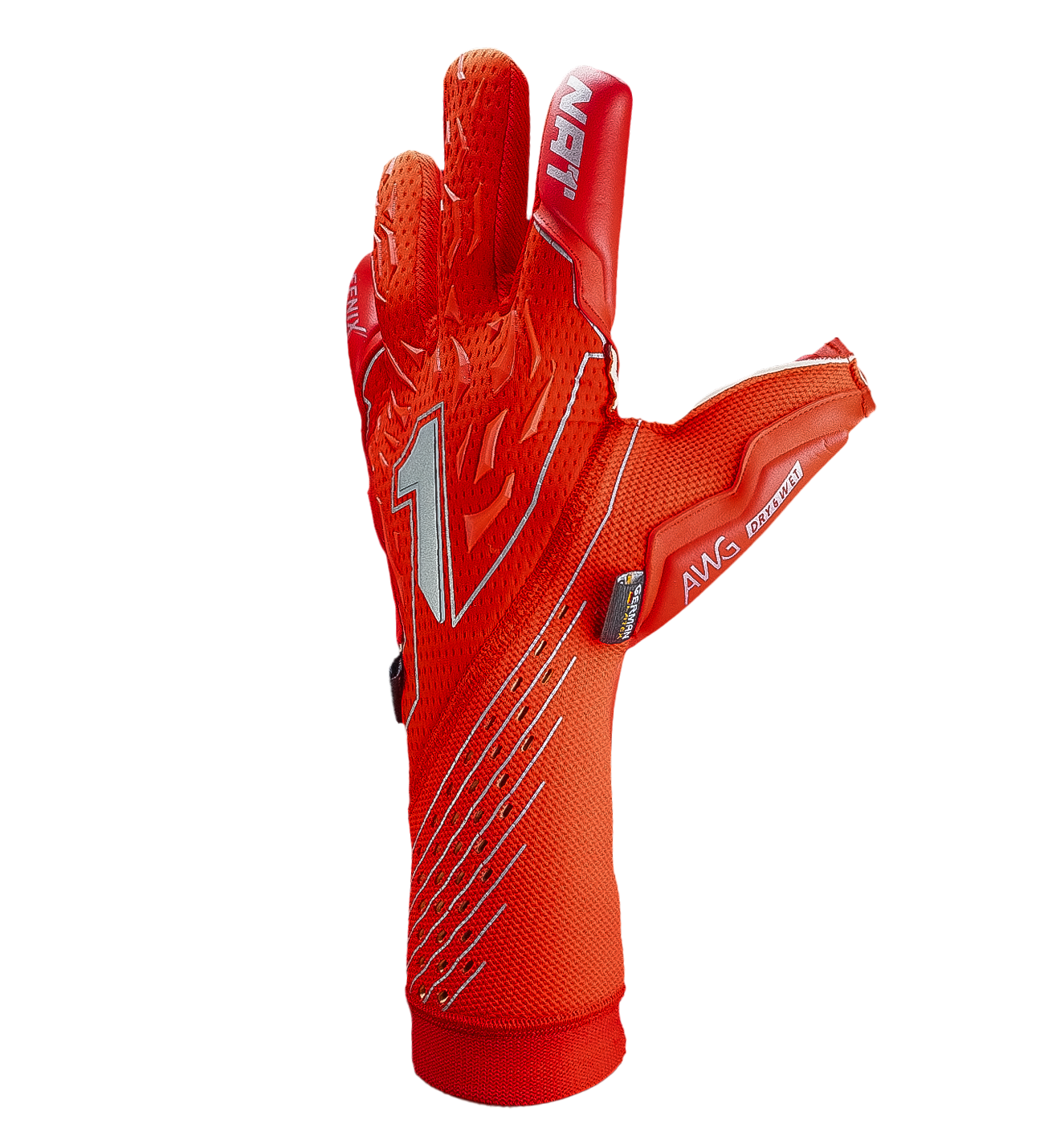 Guantes de portero de futbol Rinat Fénix Eternal Pro Rojo, modelo insignia ultraligero con palma alemana AWG®, corte negativo envolvente, dorso híbrido AIRGRID + BREATHEX y cierre strapless. Rendimiento élite con agarre y comodidad total. Disponibles en UnoKeeper.