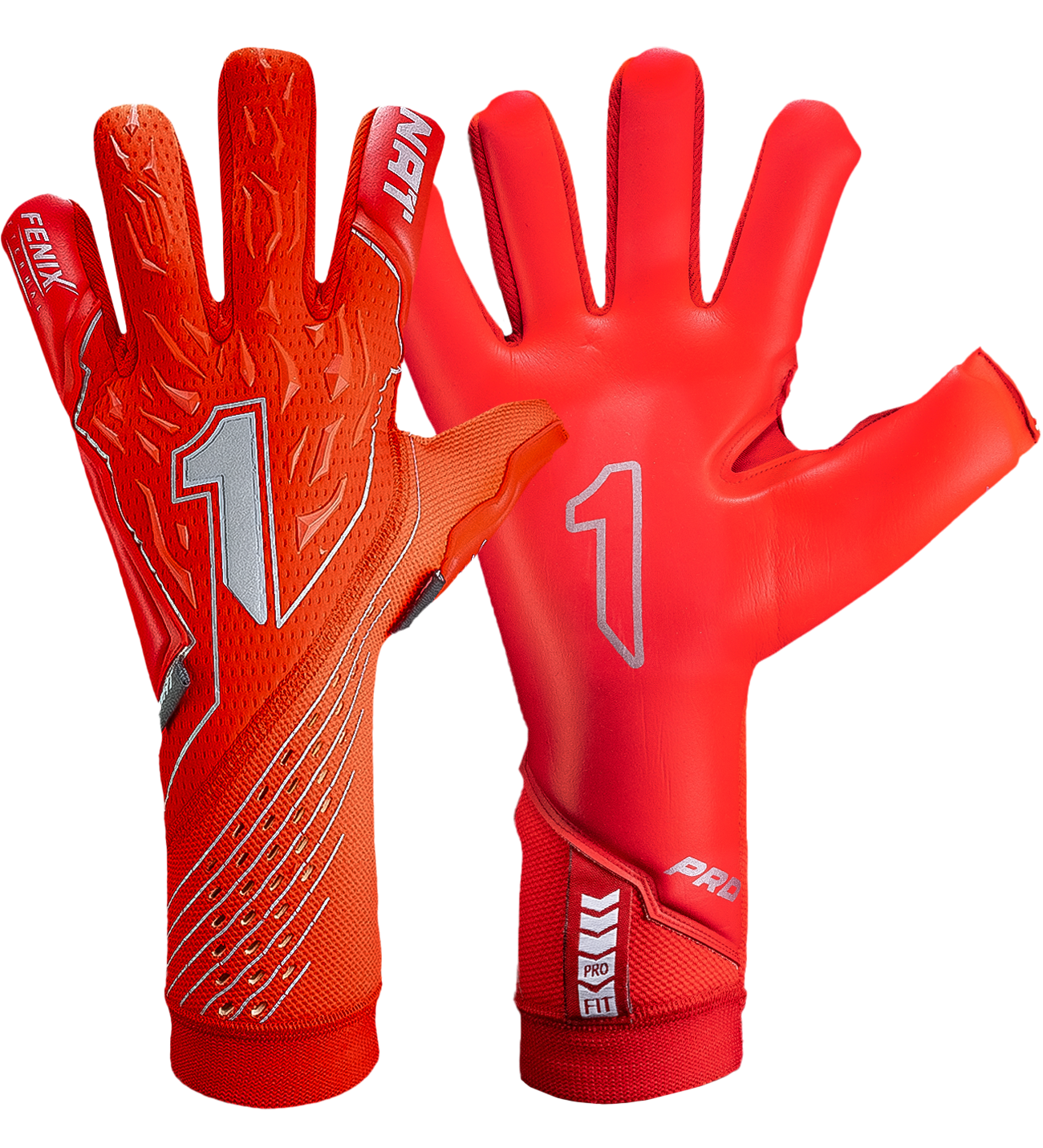 Guantes de portero de futbol Rinat Fénix Eternal Pro Rojo, modelo insignia ultraligero con palma alemana AWG®, corte negativo envolvente, dorso híbrido AIRGRID + BREATHEX y cierre strapless. Rendimiento élite con agarre y comodidad total. Disponibles en UnoKeeper.