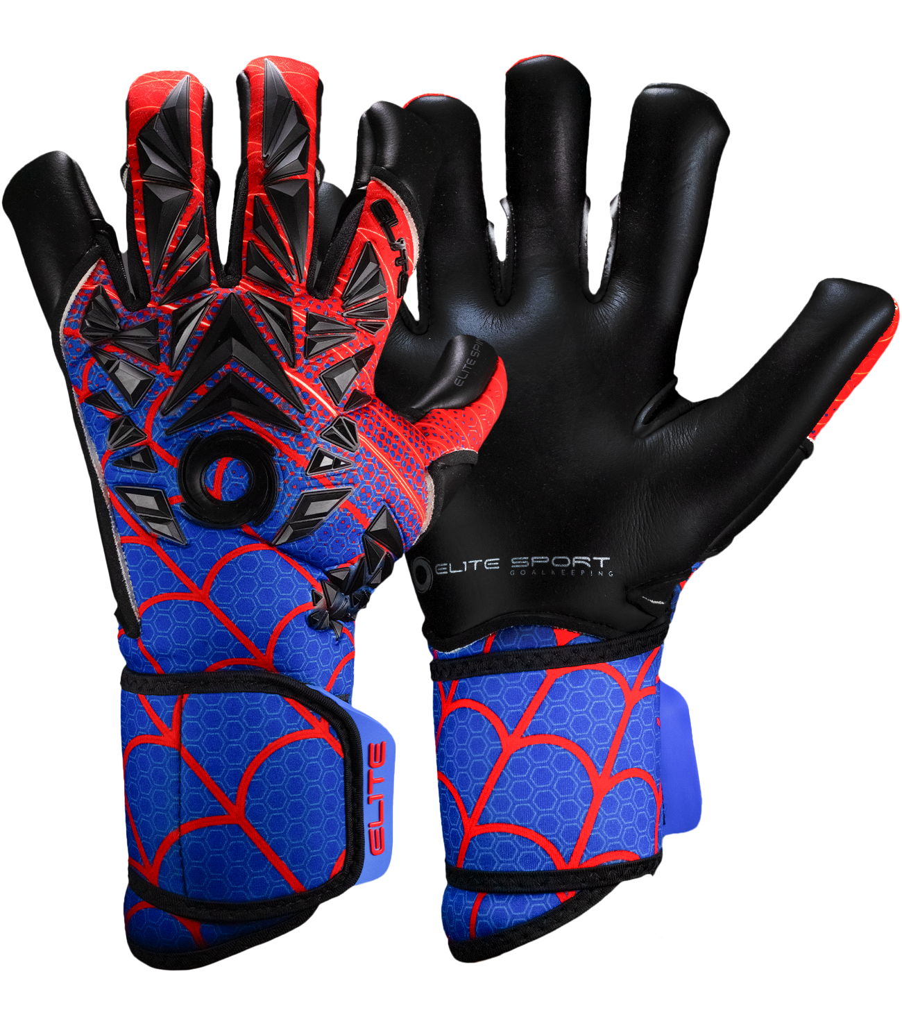 Guantes de portero de futbol Elite Sport SPIN, palma Centum+ de alto agarre, corte SpeedCut ajustado, dorso de neopreno con refuerzos, cierre elástico tipo segunda piel y diseño profesional para césped natural o sintético unokeeper azul y rojo spiderman.