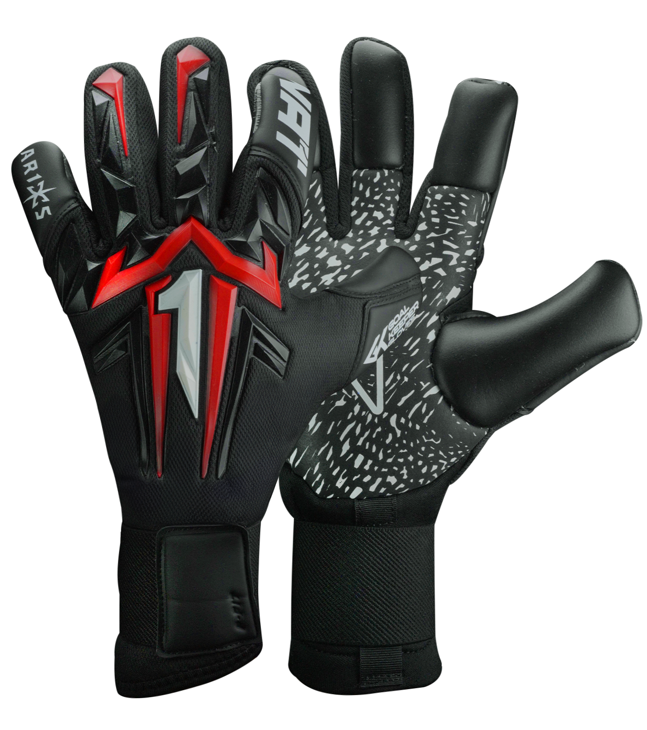 Guantes de portero Aries X PRIME Red, con palma AXG® de látex alemán, corte Arrow Cut ergonómico, dorso con protección avanzada y cierre de muñeca de doble anclaje. Guantes de portero de futbol de alto rendimiento. Disponibles en UnoKeeper.