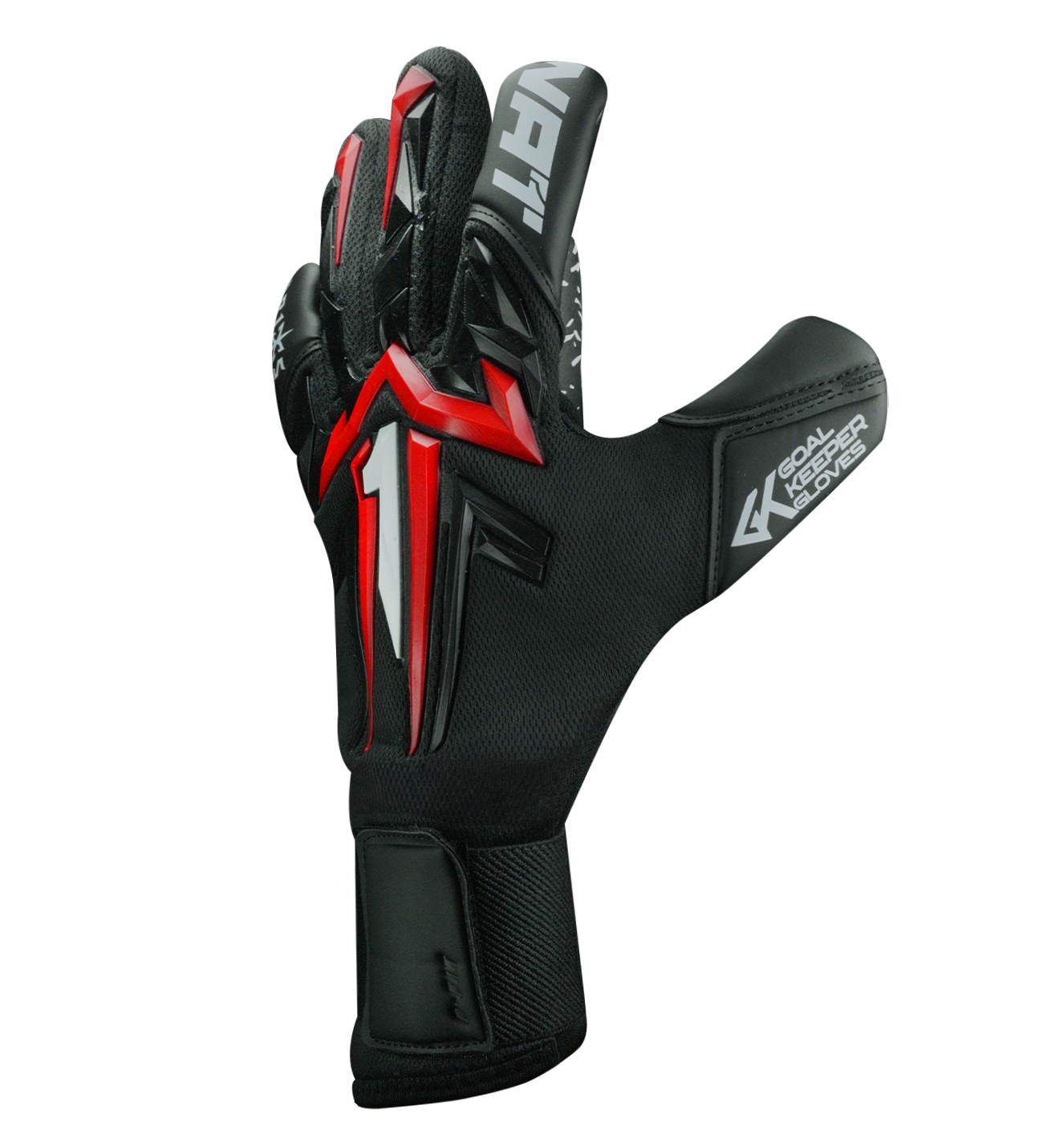 Guantes de portero Aries X PRIME Red, con palma AXG® de látex alemán, corte Arrow Cut ergonómico, dorso con protección avanzada y cierre de muñeca de doble anclaje. Guantes de portero de futbol de alto rendimiento. Disponibles en UnoKeeper.