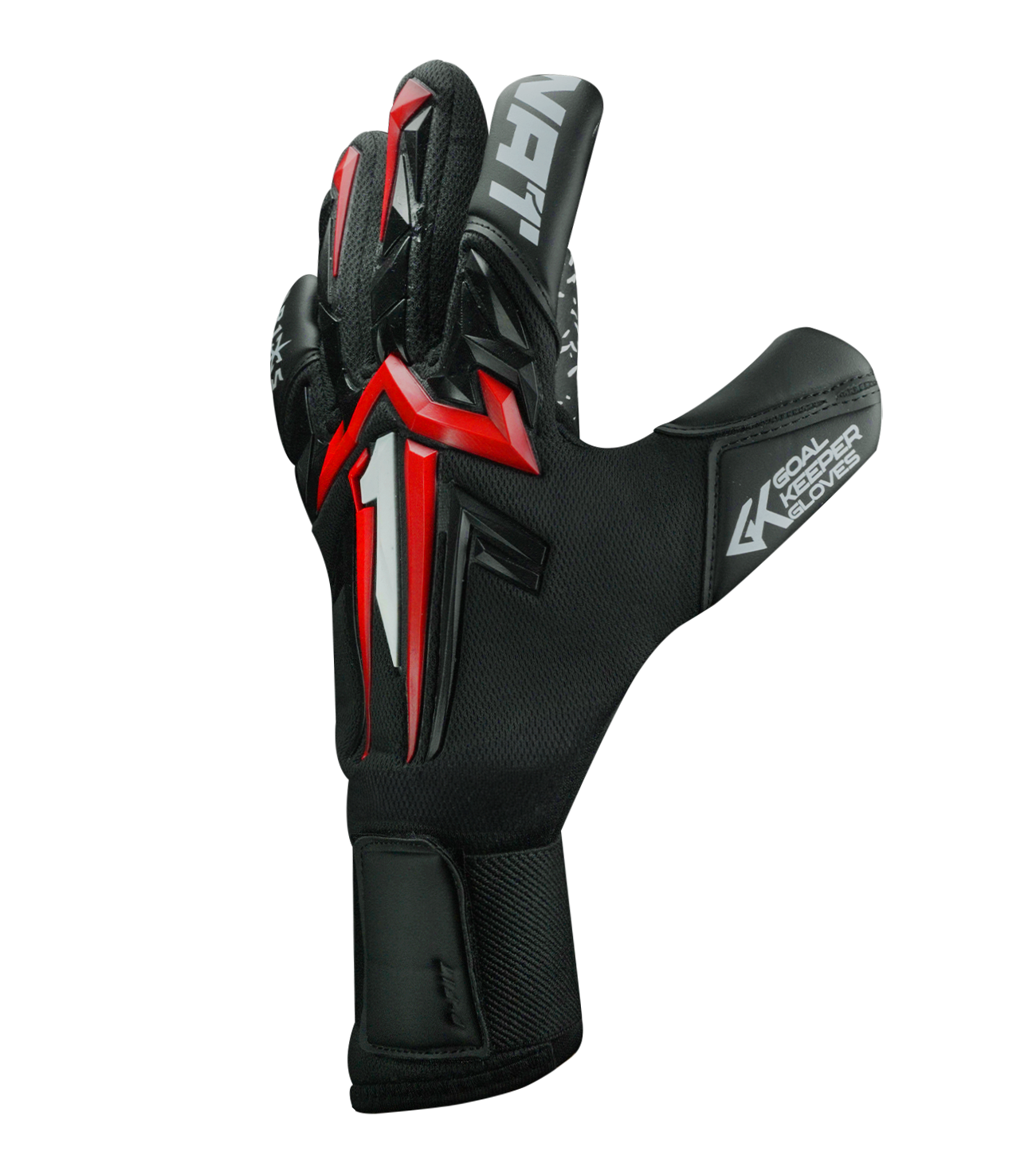 Guantes de portero Aries X PRIME Red, con palma AXG® de látex alemán, corte Arrow Cut ergonómico, dorso con protección avanzada y cierre de muñeca de doble anclaje. Guantes de portero de futbol de alto rendimiento. Disponibles en UnoKeeper.