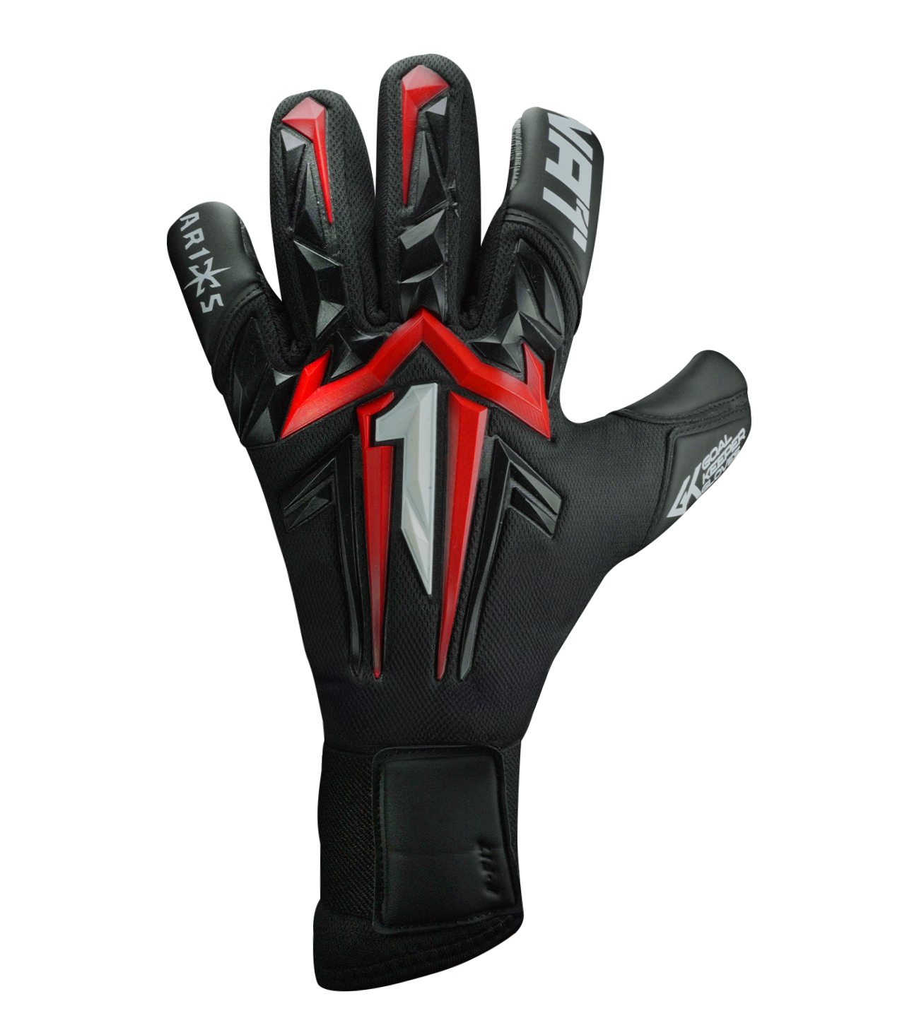 Guantes de portero Aries X PRIME Red, con palma AXG® de látex alemán, corte Arrow Cut ergonómico, dorso con protección avanzada y cierre de muñeca de doble anclaje. Guantes de portero de futbol de alto rendimiento. Disponibles en UnoKeeper.