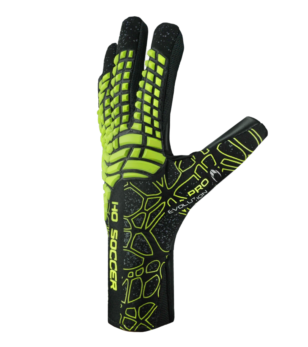 Guantes de portero de futbol HO Soccer Pro Evolution NG Web Lim., con palma BLACK UCG de agarre fiable, corte negativo ergonómico con palma extendida y dorso LIGHT-TC FLEECE ligero y transpirable. Incluyen sobredorso ERGO 3D GEL y cierre sin tira para máximo confort y control. Disponibles en UnoKeeper.