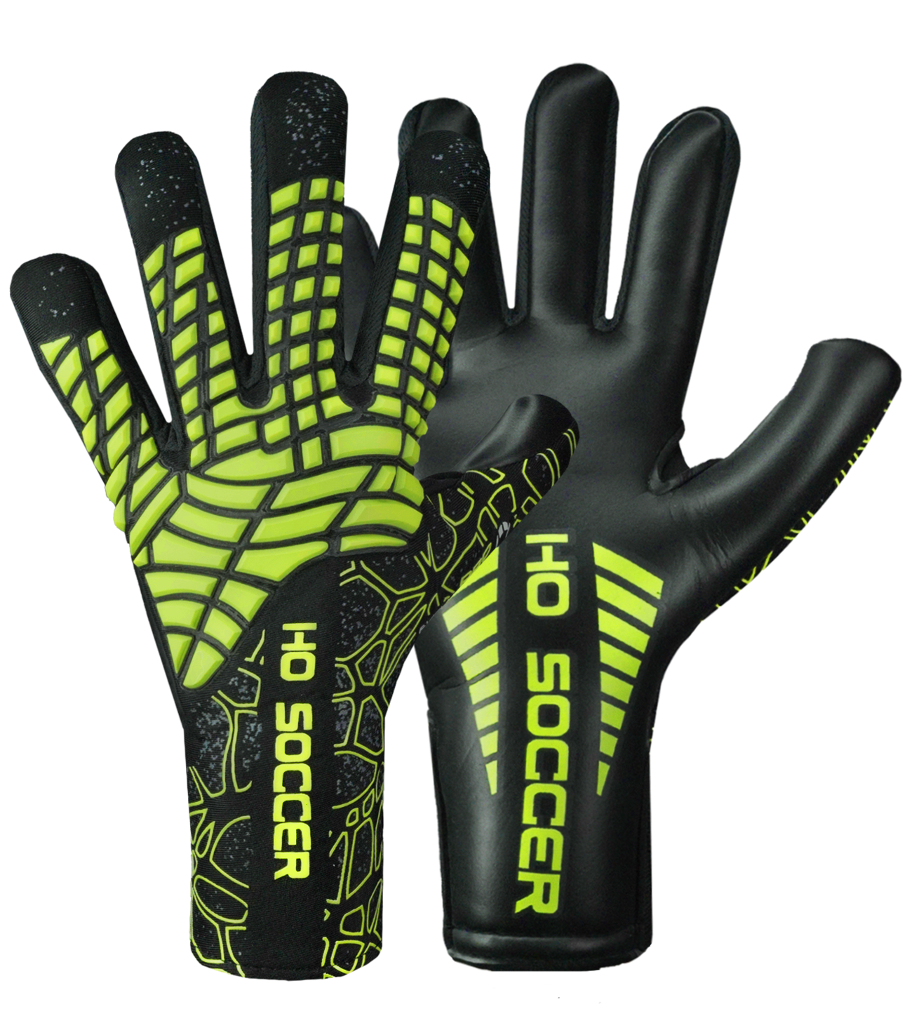 Guantes de portero de futbol HO Soccer Pro Evolution NG Web Lim., con palma BLACK UCG de agarre fiable, corte negativo ergonómico con palma extendida y dorso LIGHT-TC FLEECE ligero y transpirable. Incluyen sobredorso ERGO 3D GEL y cierre sin tira para máximo confort y control. Disponibles en UnoKeeper.