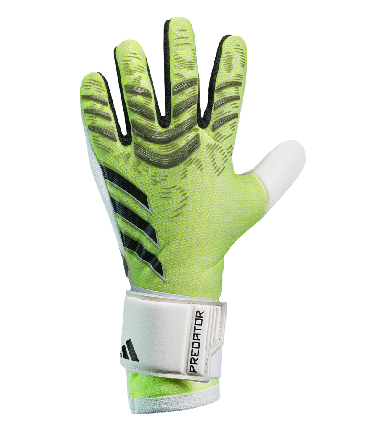 Guantes de portero de fútbol Adidas Predator Competition JN5371 Lucid Lemon/White/Black, con palma URG 2.0, corte negativo, dorso en punto mecánico con silicona y cierre con correa tradicional. Disponibles en UnoKeeper.