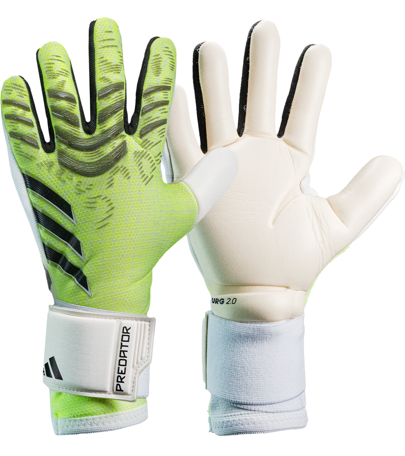 Guantes de portero de fútbol Adidas Predator Competition JN5371 Lucid Lemon/White/Black, con palma URG 2.0, corte negativo, dorso en punto mecánico con silicona y cierre con correa tradicional. Disponibles en UnoKeeper.