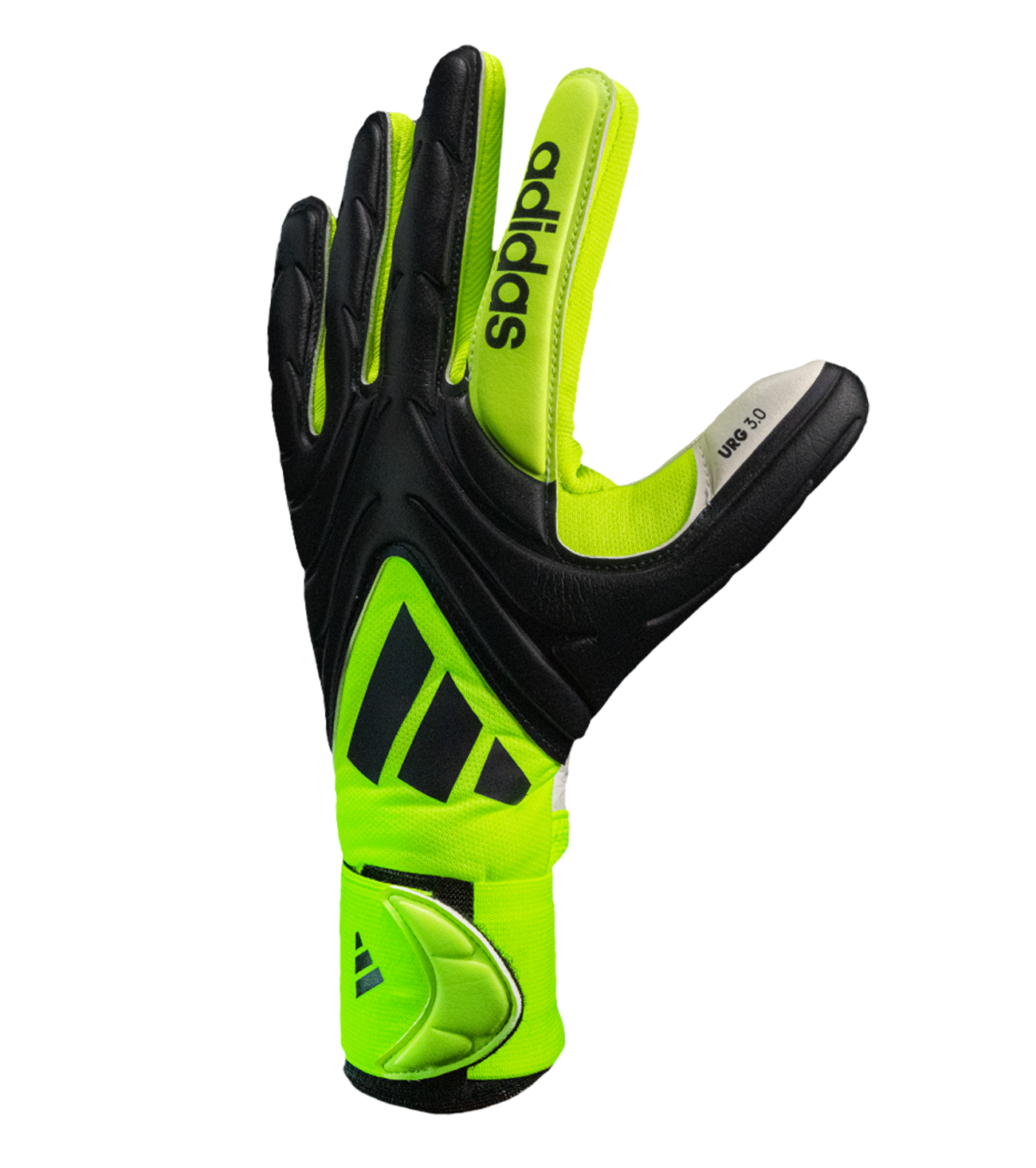 Guantes de portero de fútbol Adidas Copa GL League JN5344 Neon Black/Signal White, con palma URG 3.0, corte negativo, dorso en mechano y látex, pulgar reforzado y cierre elástico de media envoltura. Disponibles en UnoKeeper.