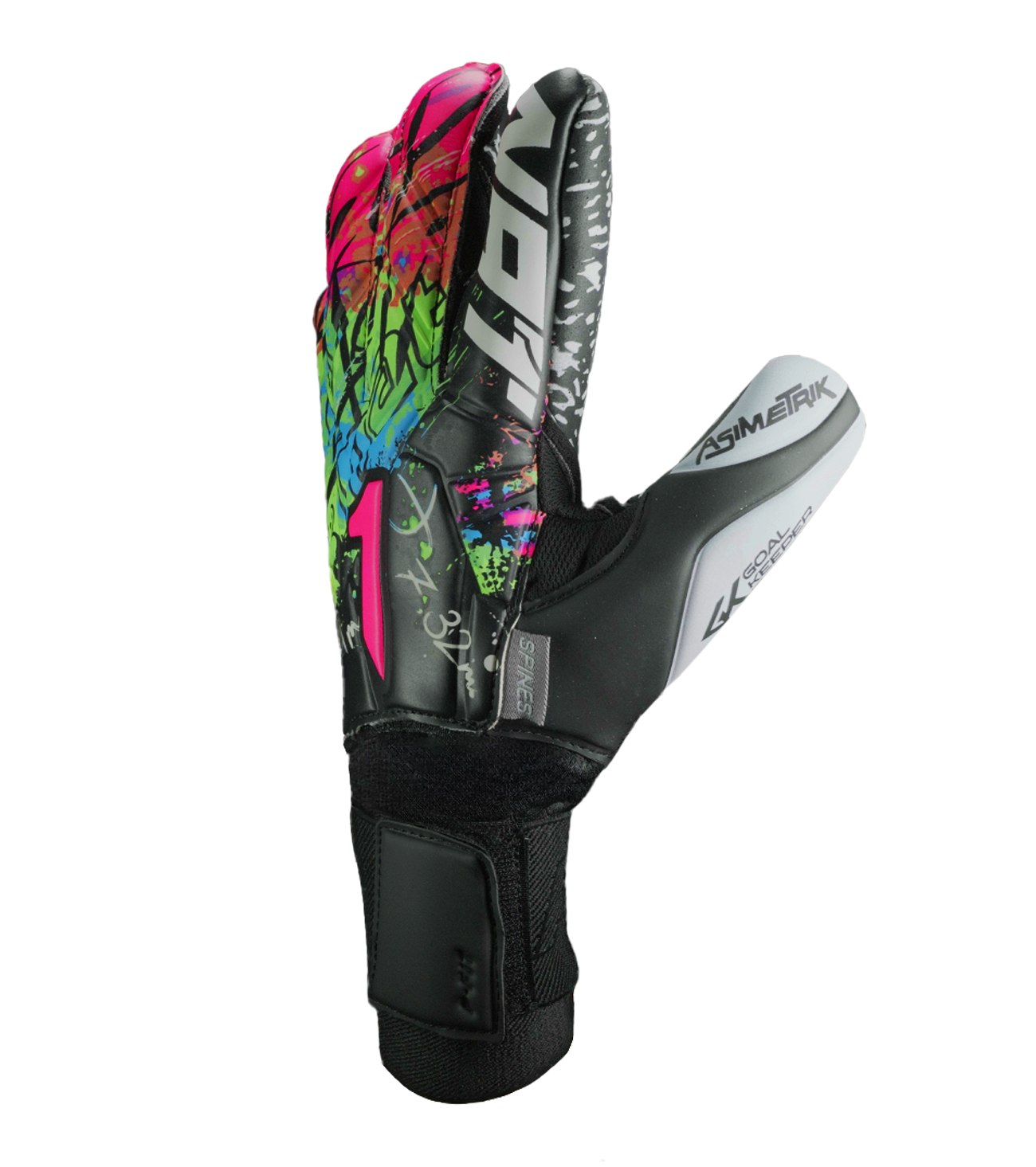 Guantes de portero Asimetrik Spines Prime, con palma HG+ Next ultra resistente, corte Hyper Cut anatómico y varillas de protección en los dedos. Guantes de portero de futbol semi profesionales. Disponibles en UnoKeeper.