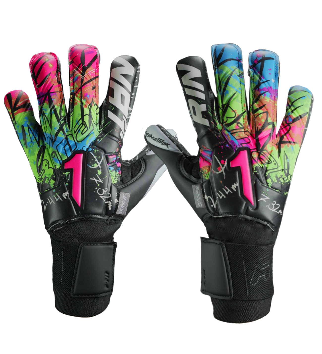Guantes de portero Asimetrik Spines Prime, con palma HG+ Next ultra resistente, corte Hyper Cut anatómico y varillas de protección en los dedos. Guantes de portero de futbol semi profesionales. Disponibles en UnoKeeper.