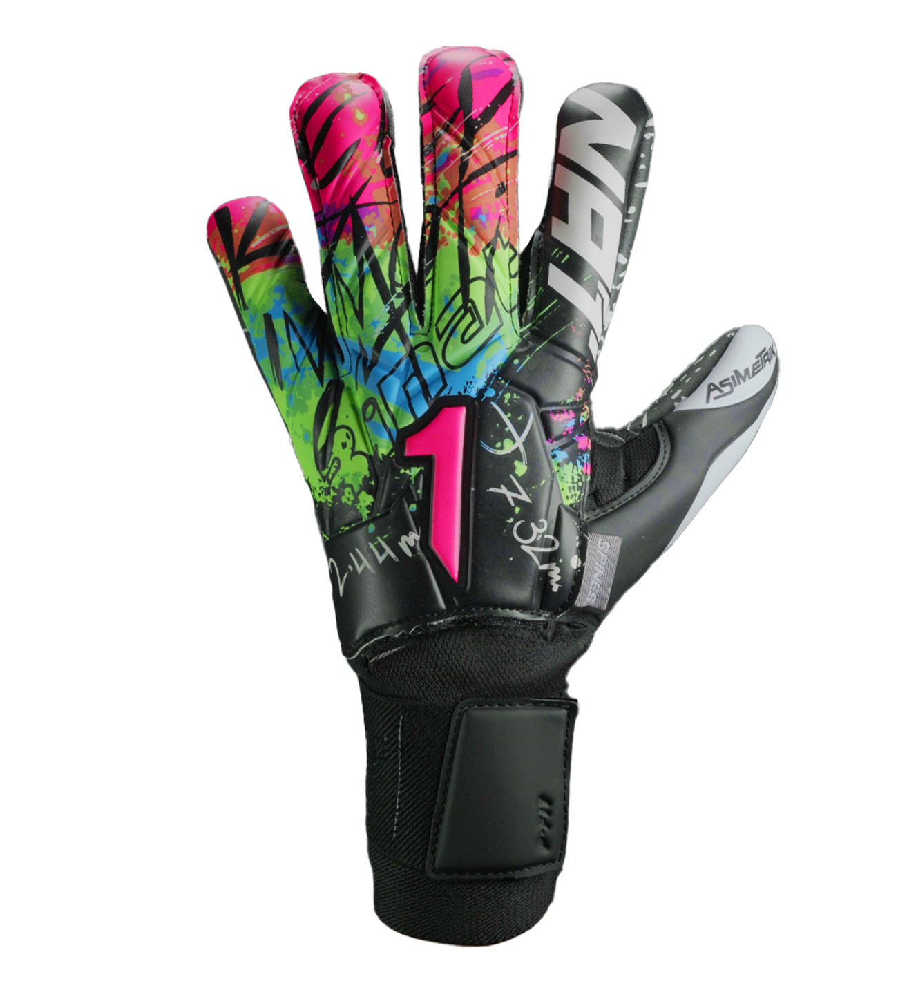 Guantes de portero Asimetrik Spines Prime, con palma HG+ Next ultra resistente, corte Hyper Cut anatómico y varillas de protección en los dedos. Guantes de portero de futbol semi profesionales. Disponibles en UnoKeeper.