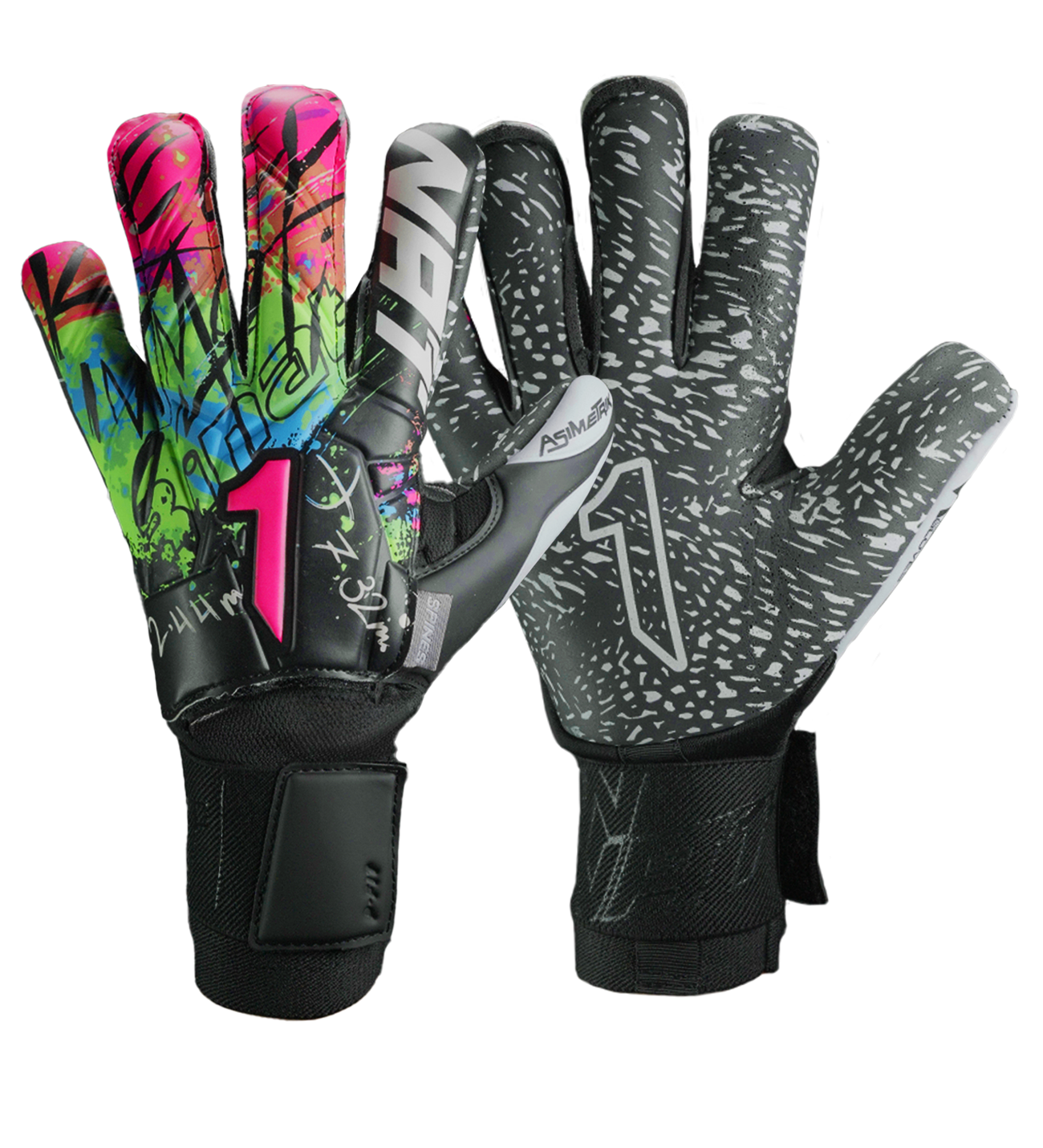 Guantes de portero Asimetrik Spines Prime, con palma HG+ Next ultra resistente, corte Hyper Cut anatómico y varillas de protección en los dedos. Guantes de portero de futbol semi profesionales. Disponibles en UnoKeeper.