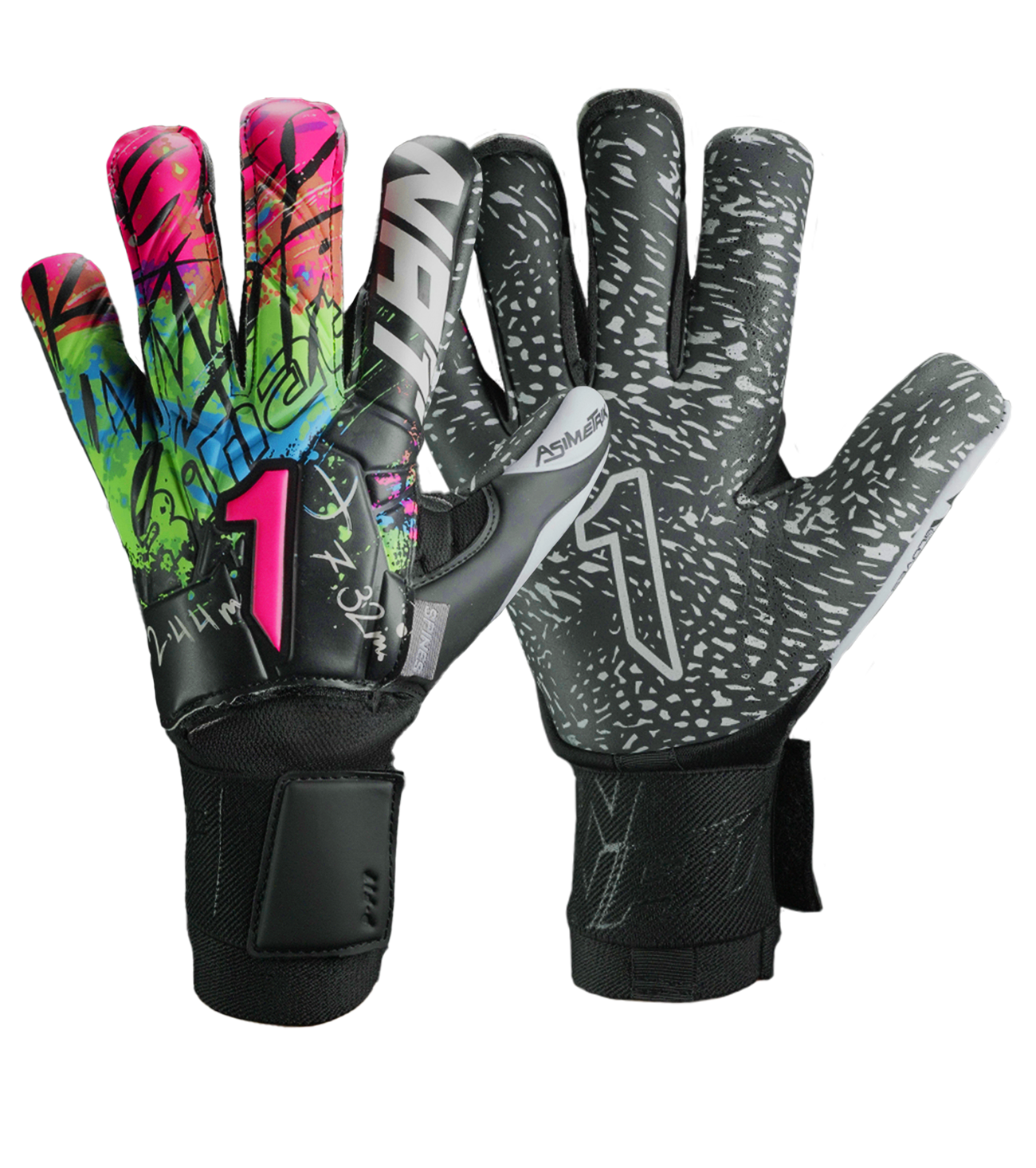 Guantes de portero Asimetrik Spines Prime, con palma HG+ Next ultra resistente, corte Hyper Cut anatómico y varillas de protección en los dedos. Guantes de portero de futbol semi profesionales. Disponibles en UnoKeeper.
