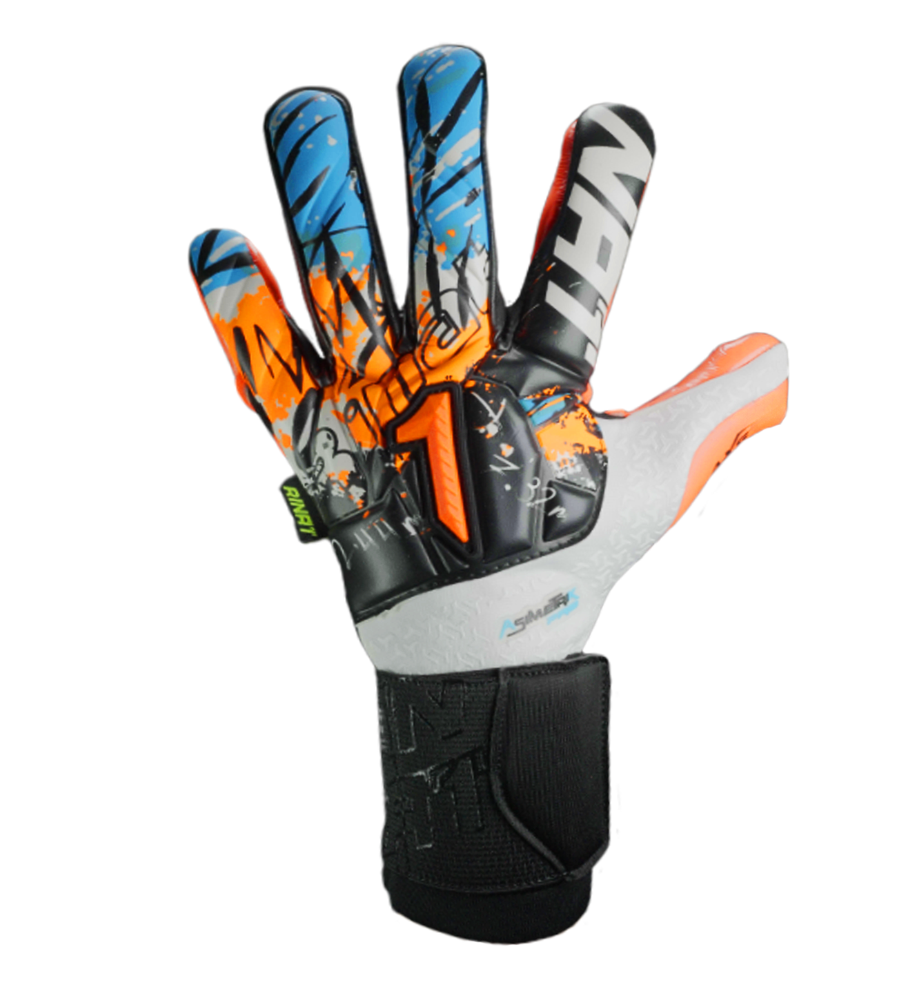 Azul, corte EVO CUT híbrido, palma AXG® de alto rendimiento y dorso con protección. Guantes de portero de futbol profesionales. Disponibles en UnoKeeper.