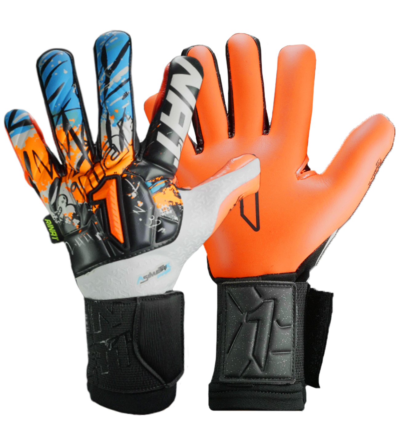 Azul, corte EVO CUT híbrido, palma AXG® de alto rendimiento y dorso con protección. Guantes de portero de futbol profesionales. Disponibles en UnoKeeper.