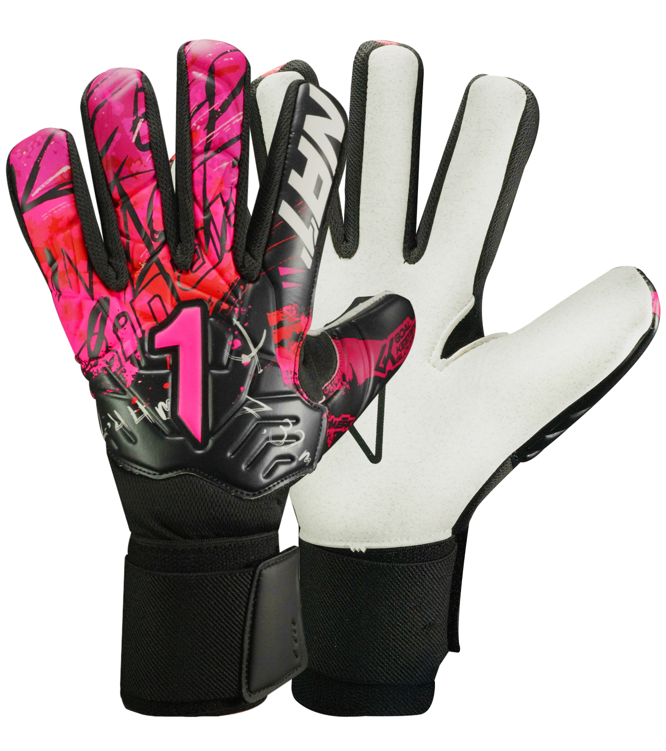 Guantes de portero de futbol Rinat Asimetrik Training Magenta Rojo con palma Gecko Grip resistente, corte negativo anatómico, varillas de protección en los dedos, dorso de látex sintético con insertos acolchados y cierre ajustable con muñequera elástica unokeeper.
