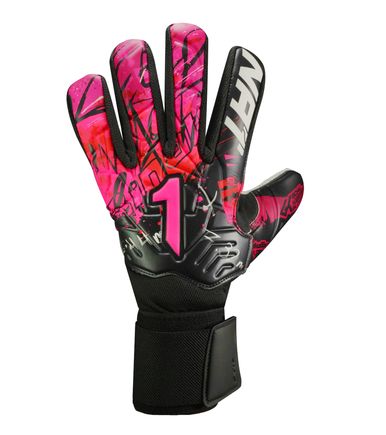 Guantes de portero de futbol Rinat Asimetrik Training Magenta Rojo con palma Gecko Grip resistente, corte negativo anatómico, varillas de protección en los dedos, dorso de látex sintético con insertos acolchados y cierre ajustable con muñequera elástica unokeeper.