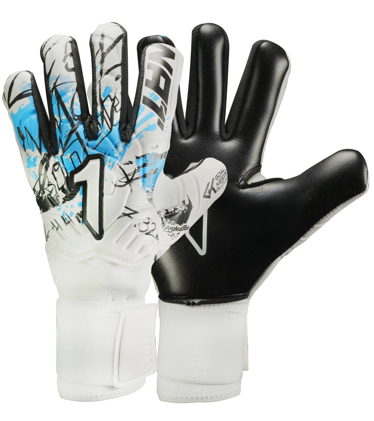 Guantes de portero de portero de futbol Rinat Asimetrik Training Blanco Azul Negro con palma Gecko Grip resistente, corte negativo, varillas de protección en los dedos, dorso de látex sintético con paneles de impacto y cierre con muñequera elástica ajustable unokeeper.