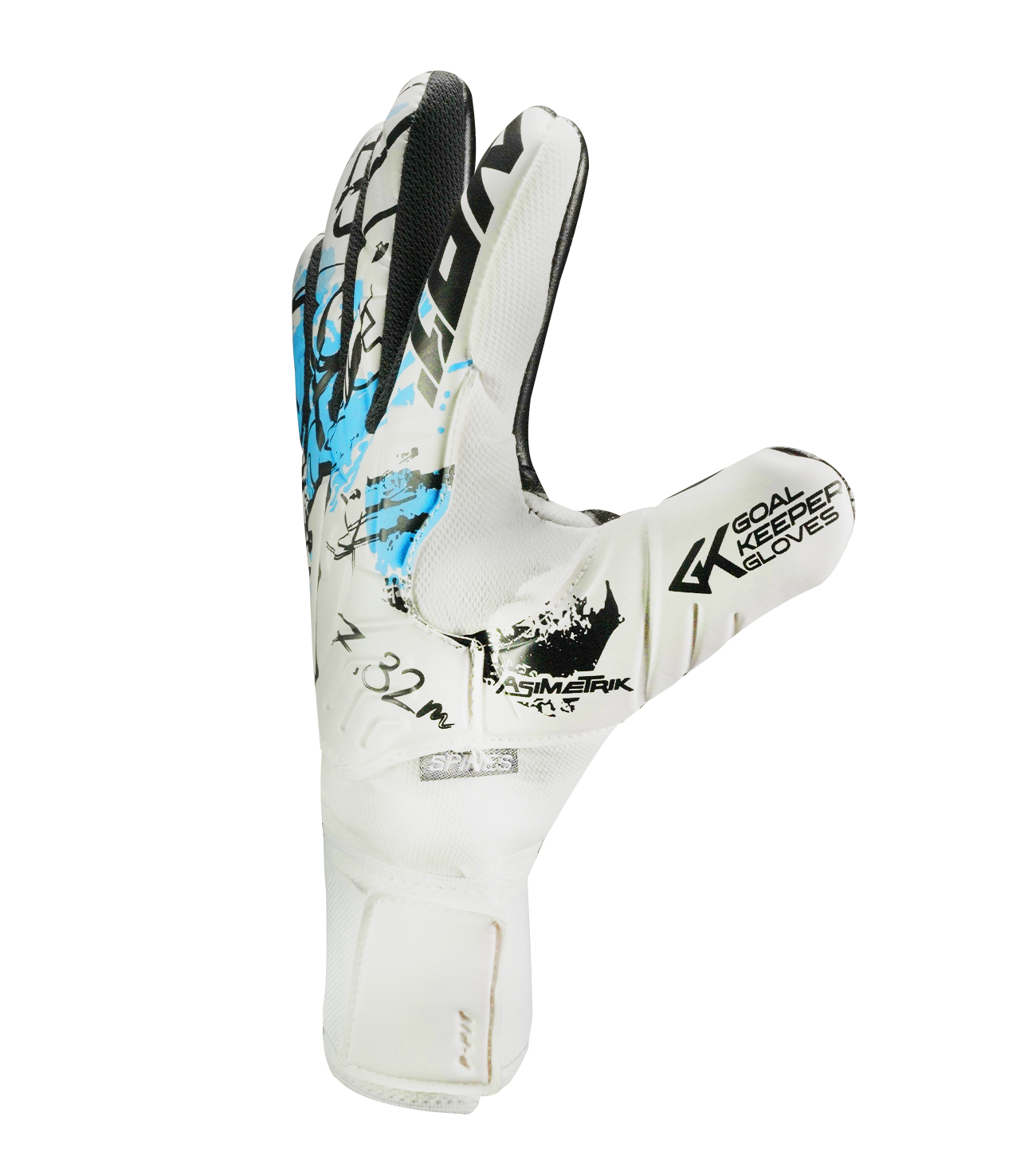 Guantes de portero de portero de futbol Rinat Asimetrik Training Blanco Azul Negro con palma Gecko Grip resistente, corte negativo, varillas de protección en los dedos, dorso de látex sintético con paneles de impacto y cierre con muñequera elástica ajustable unokeeper.