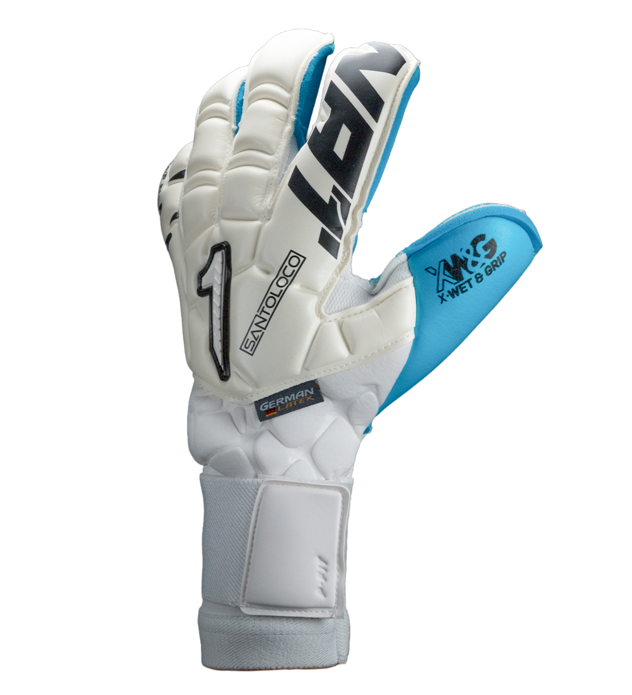 Guantes de portero de fútbol Santoloco, con palma X-W&G de agarre superior en climas húmedos, corte Hyper Cut para mayor superficie de contacto y dorso de látex natural con refuerzo en nudillos. Ajuste elástico seguro y máximo rendimiento. Disponibles en UnoKeeper.