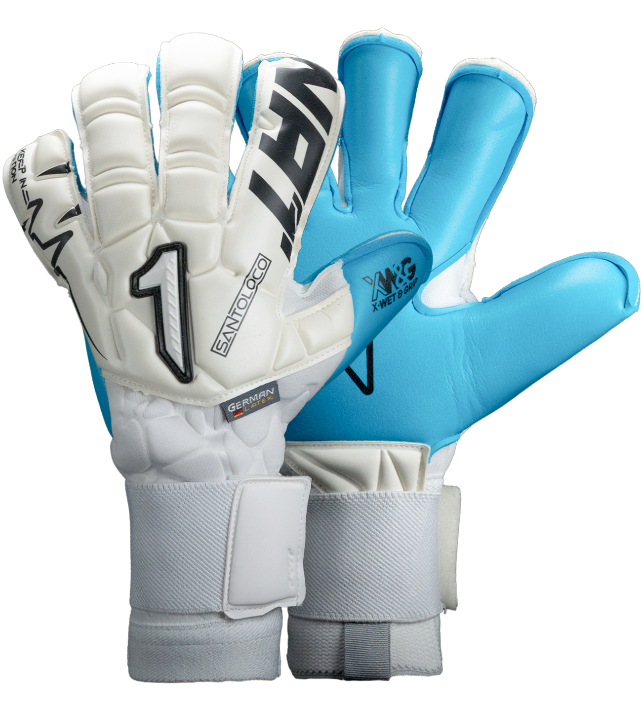 Guantes de portero de fútbol Santoloco, con palma X-W&G de agarre superior en climas húmedos, corte Hyper Cut para mayor superficie de contacto y dorso de látex natural con refuerzo en nudillos. Ajuste elástico seguro y máximo rendimiento. Disponibles en UnoKeeper.