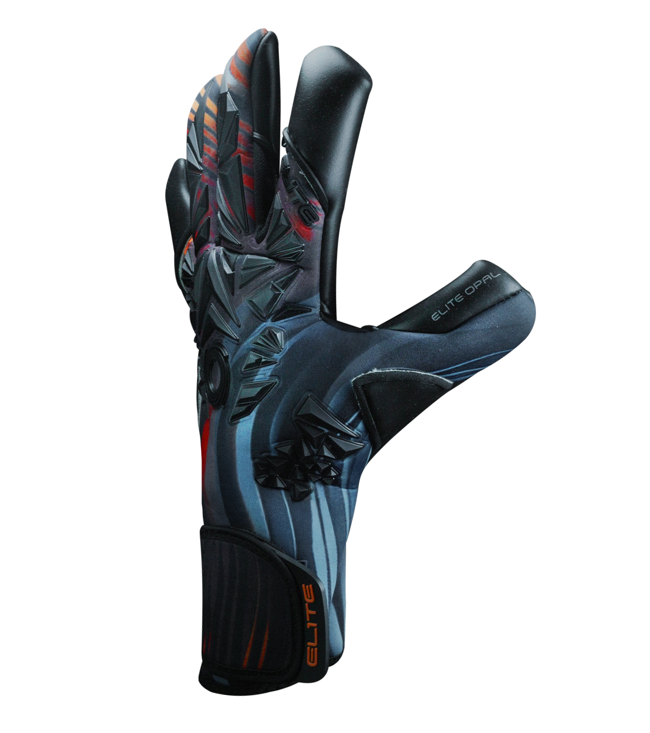 Guantes de portero Elite Sport Opal con palma de látex Centenum+ de 4 mm, corte Semi Speed Cut ceñido, dorso de caucho 3D sobre neopreno espumado y cierre con muñequera superpuesta ajustable.