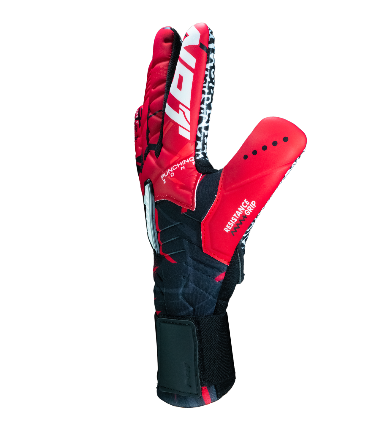 Guantes de portero Kratos SGR rojo con negro, corte negativo ergonómico, palma de látex SGR con alto agarre, dorso transpirable con efecto térmico y cierre híbrido con muñequera elástica y cintillo ajustable.