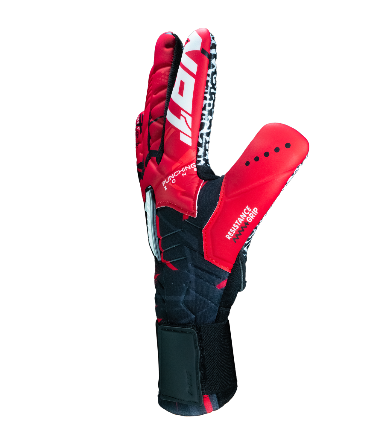 Guantes de portero de futbol Kratos SGR rojo con negro, corte negativo ergonómico, palma de látex SGR con alto agarre, dorso transpirable con efecto térmico y cierre híbrido con muñequera elástica y cintillo ajustable unokeeper.