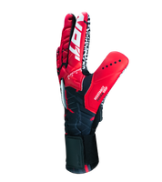 Guantes de portero de futbol Kratos SGR rojo con negro, corte negativo ergonómico, palma de látex SGR con alto agarre, dorso transpirable con efecto térmico y cierre híbrido con muñequera elástica y cintillo ajustable unokeeper.