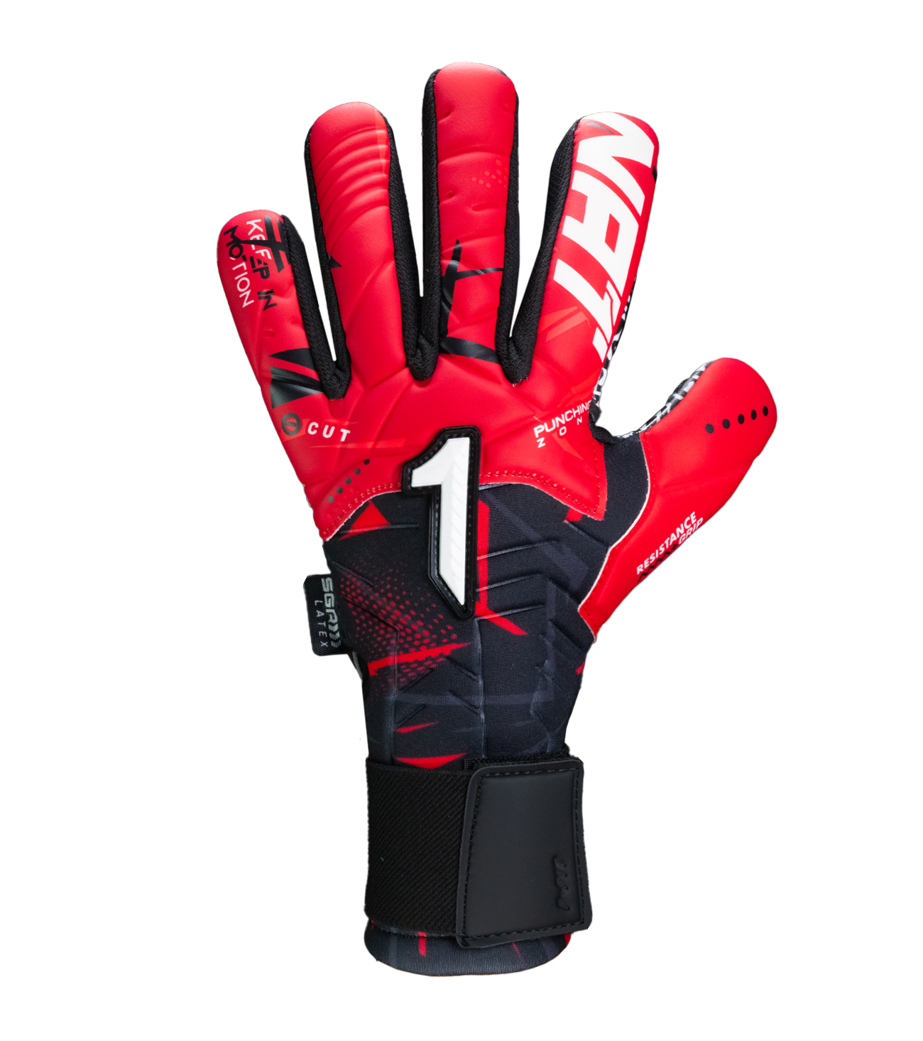 Guantes de portero de futbol Kratos SGR rojo con negro, corte negativo ergonómico, palma de látex SGR con alto agarre, dorso transpirable con efecto térmico y cierre híbrido con muñequera elástica y cintillo ajustable unokeeper.