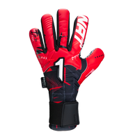 Guantes de portero de futbol Kratos SGR rojo con negro, corte negativo ergonómico, palma de látex SGR con alto agarre, dorso transpirable con efecto térmico y cierre híbrido con muñequera elástica y cintillo ajustable unokeeper.