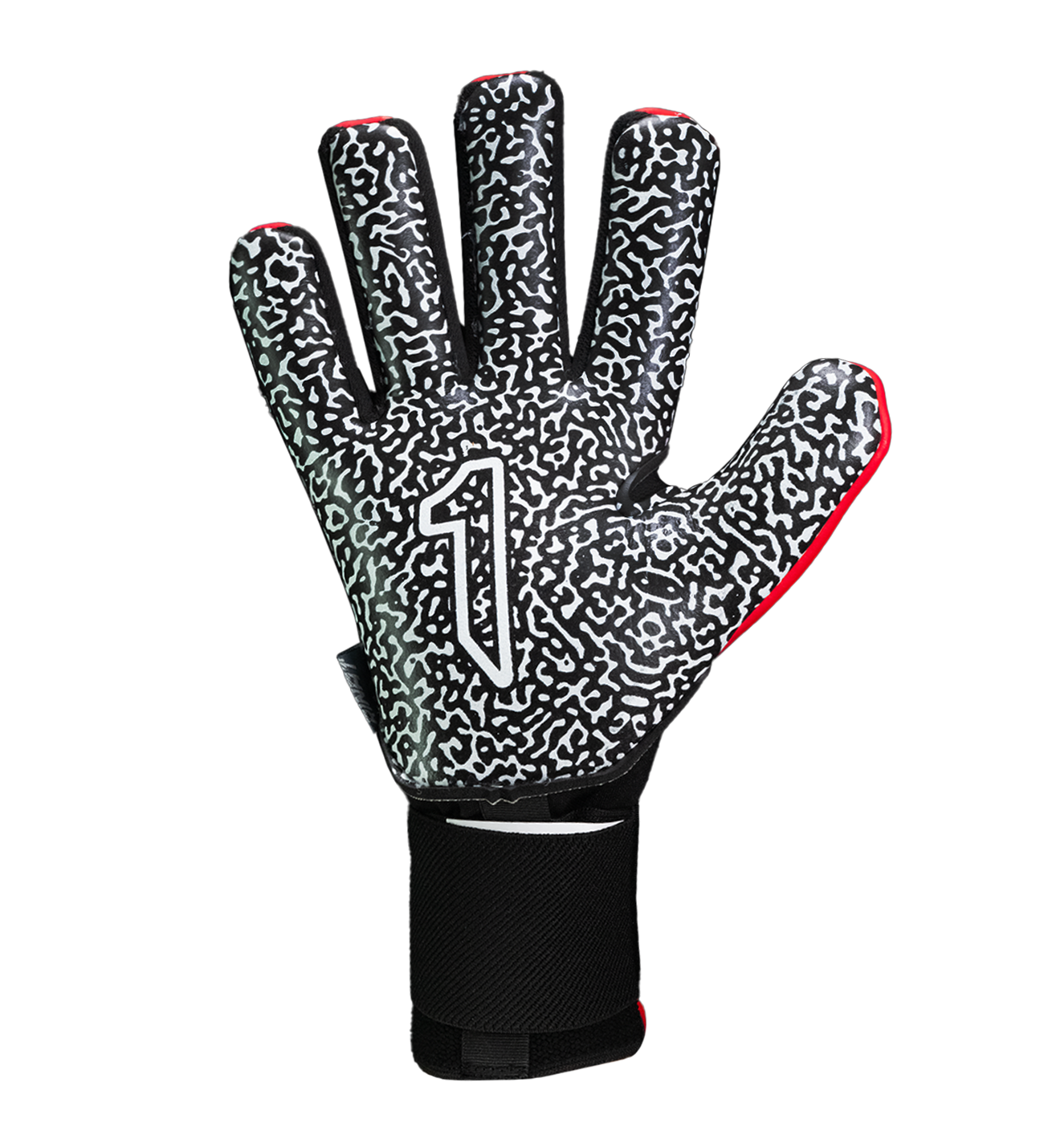Guantes de portero Kratos SGR rojo con negro, corte negativo ergonómico, palma de látex SGR con alto agarre, dorso transpirable con efecto térmico y cierre híbrido con muñequera elástica y cintillo ajustable.