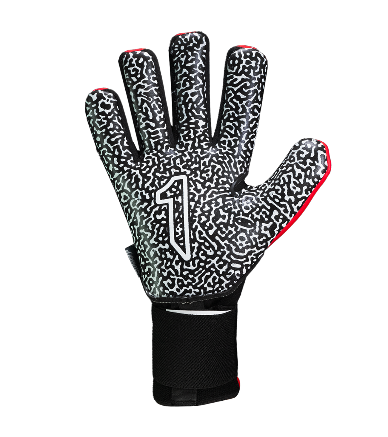 Guantes de portero de futbol Kratos SGR rojo con negro, corte negativo ergonómico, palma de látex SGR con alto agarre, dorso transpirable con efecto térmico y cierre híbrido con muñequera elástica y cintillo ajustable unokeeper.