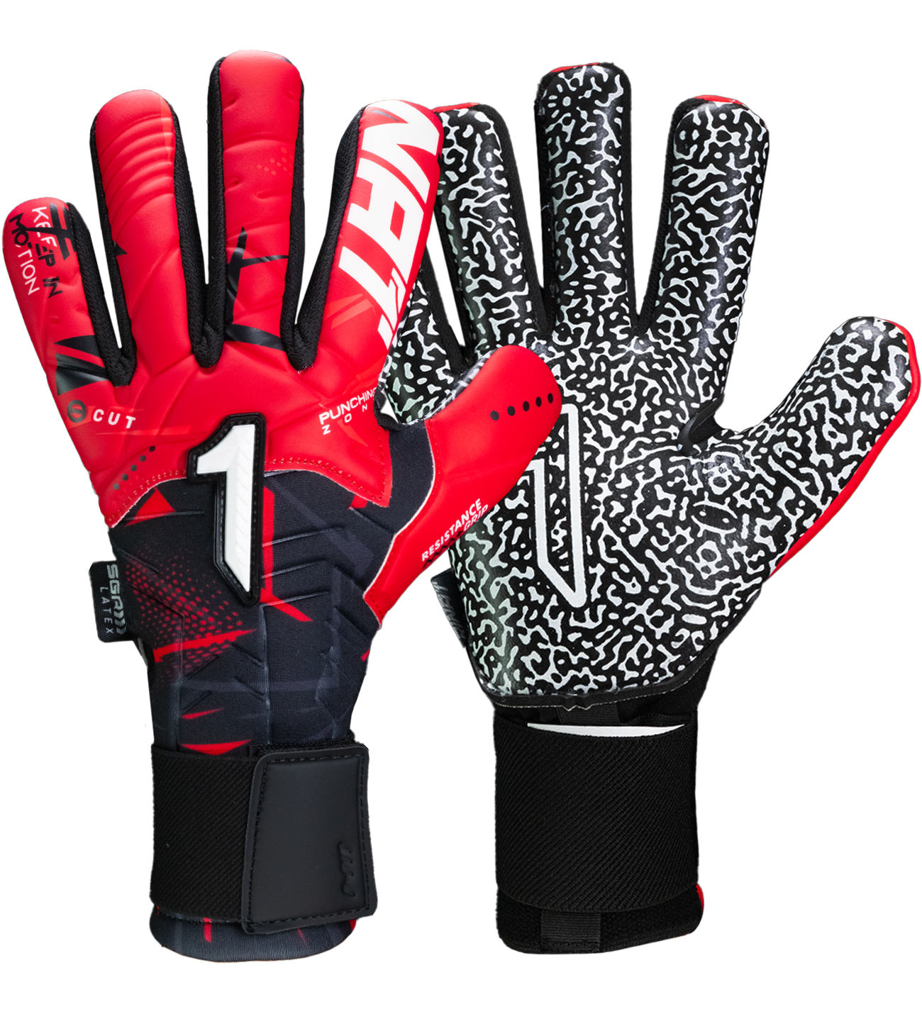 Guantes de portero Kratos SGR rojo con negro, corte negativo ergonómico, palma de látex SGR con alto agarre, dorso transpirable con efecto térmico y cierre híbrido con muñequera elástica y cintillo ajustable.