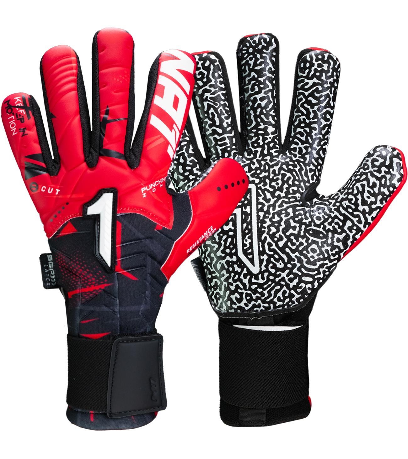Guantes de portero de futbol Kratos SGR rojo con negro, corte negativo ergonómico, palma de látex SGR con alto agarre, dorso transpirable con efecto térmico y cierre híbrido con muñequera elástica y cintillo ajustable unokeeper.