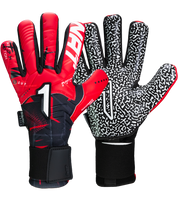 Guantes de portero de futbol Kratos SGR rojo con negro, corte negativo ergonómico, palma de látex SGR con alto agarre, dorso transpirable con efecto térmico y cierre híbrido con muñequera elástica y cintillo ajustable unokeeper.