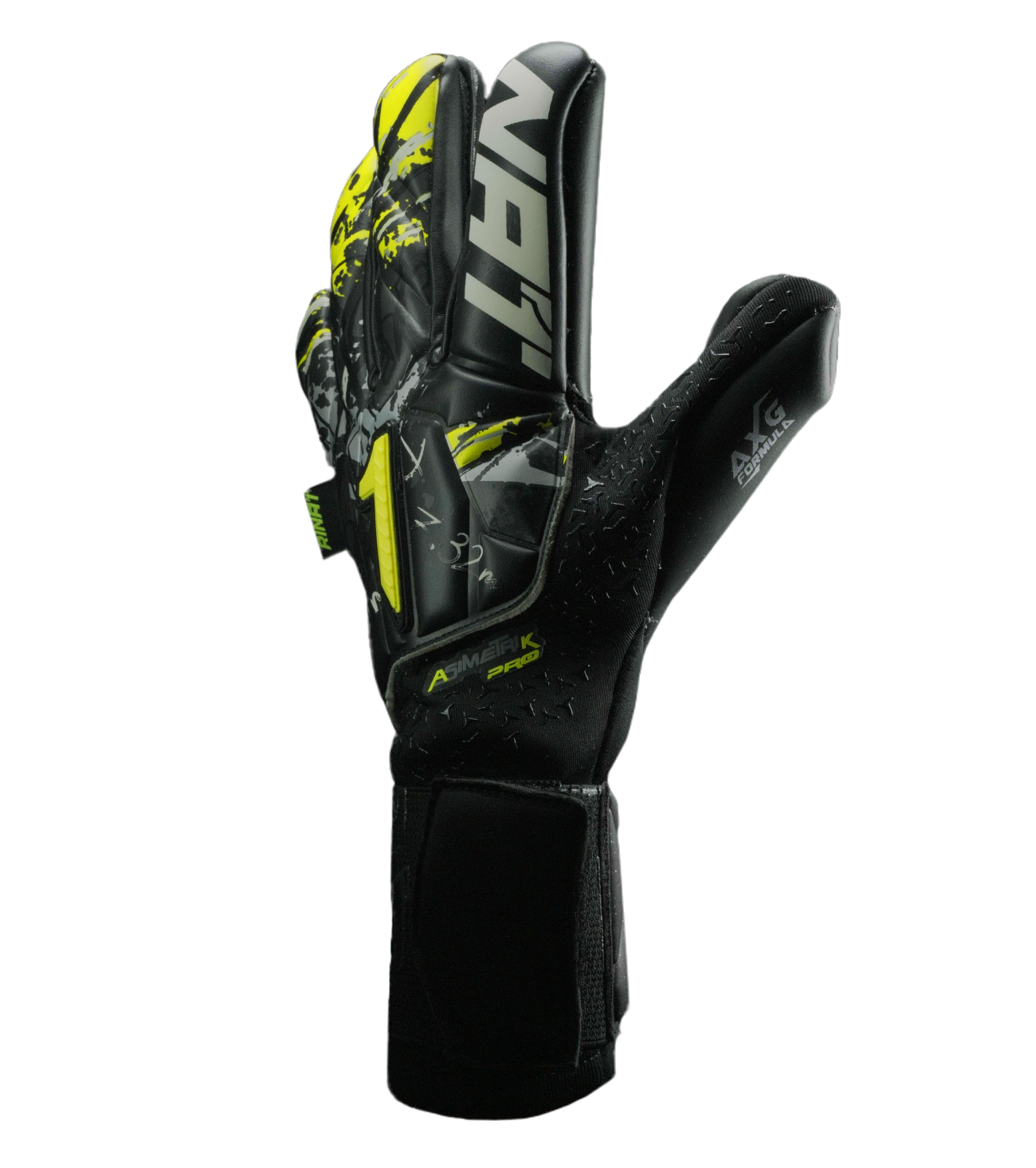 Guantes de portero Rinat Asimetrik Pro Negro Amarillo profesional con látex alemán AXG®, corte Arrow Cut y construcción 360° latex que brinda agarre extremo, protección y ajuste ergonómico. Ideales para porteros que buscan máximo rendimiento, control del balón y desempeño superior en cualquier condición de juego.