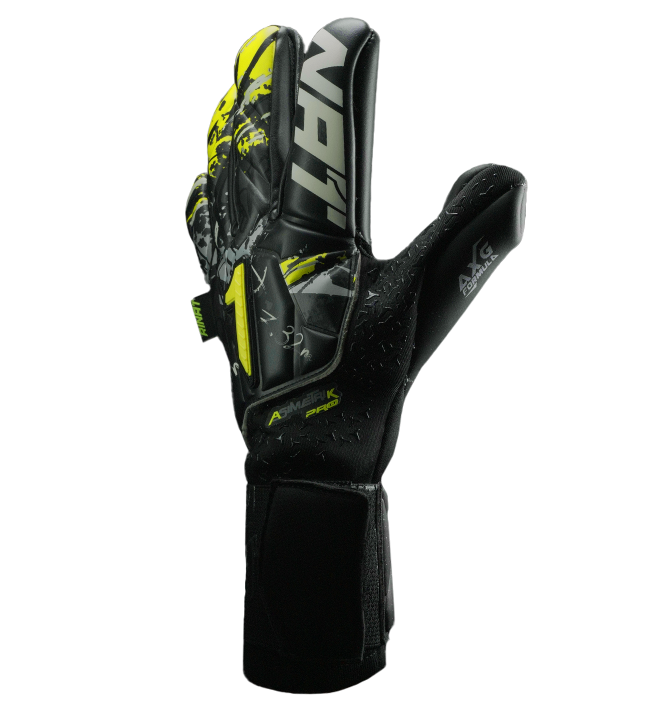 Guantes de portero Rinat Asimetrik Pro en colores clásicos, con látex natural voluminoso en el dorso y palma de látex alemán AXG® para agarre superior en lluvia; corte Hero Cut que combina flat y rollfinger para máximo control; cierre con muñequera elástica y cintillo ancho ajustable. Diseñados para porteros profesionales y amateurs que buscan durabilidad, precisión y rendimiento en césped natural y sintético.