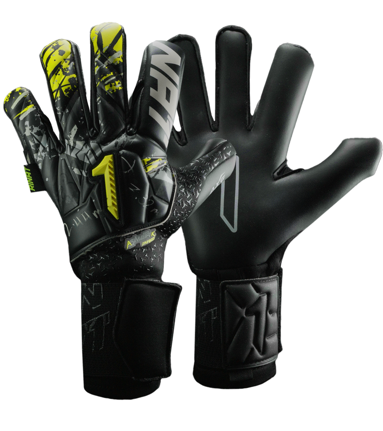 Guantes de portero Rinat Asimetrik Pro Negro Amarillo profesional con látex alemán AXG®, corte Arrow Cut y construcción 360° latex que brinda agarre extremo, protección y ajuste ergonómico. Ideales para porteros que buscan máximo rendimiento, control del balón y desempeño superior en cualquier condición de juego.