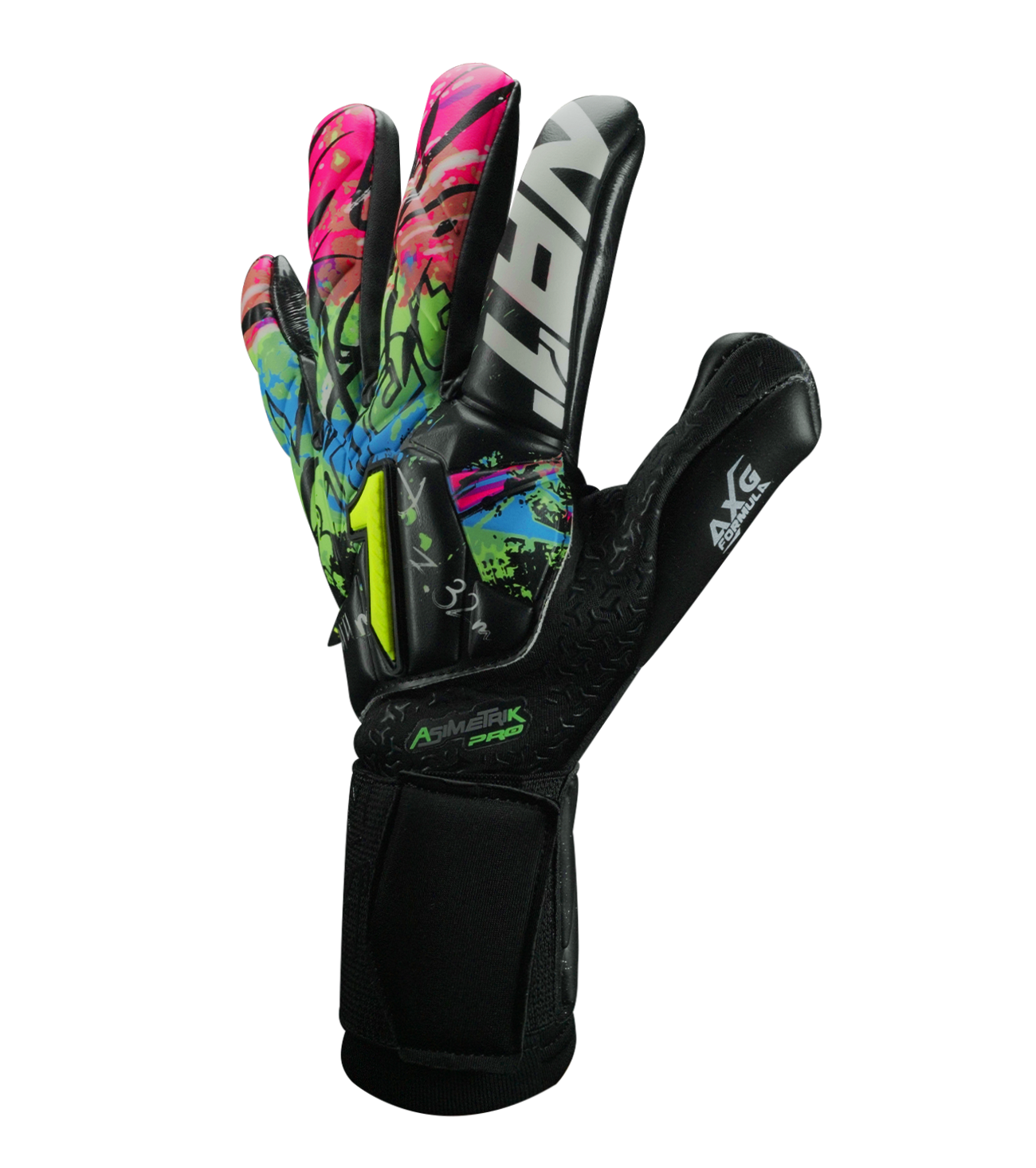 Guantes de portero de futbol Rinat Asimetrik Pro Spines en color negro con detalles verde, azul o rosa; incluyen varillas de protección removibles, palma HG+ Next resistente, corte híbrido Hyper Cut y muñequera ajustable; ideales para pasto sintético y superficies duras unokeeper.