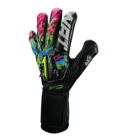 Guantes de portero de futbol Rinat Asimetrik Pro Spines en color negro con detalles verde, azul o rosa; incluyen varillas de protección removibles, palma HG+ Next resistente, corte híbrido Hyper Cut y muñequera ajustable; ideales para pasto sintético y superficies duras unokeeper.