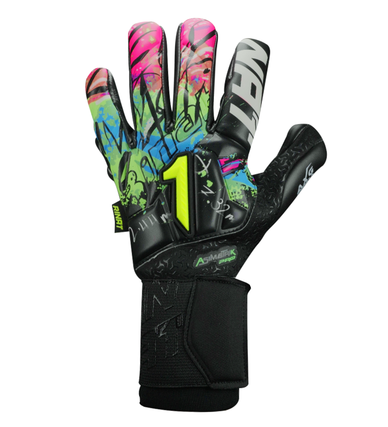 Guantes de portero Rinat Asimetrik Pro Spines en color negro con detalles verde, azul o rosa; incluyen varillas de protección removibles, palma HG+ Next resistente, corte híbrido Hyper Cut y muñequera ajustable; ideales para pasto sintético y superficies duras.