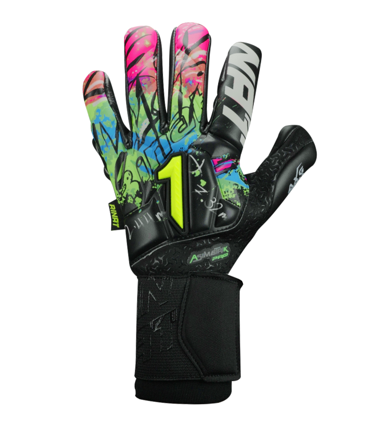 Guantes de portero Rinat Asimetrik Pro Spines en color negro con detalles verde, azul o rosa; incluyen varillas de protección removibles, palma HG+ Next resistente, corte híbrido Hyper Cut y muñequera ajustable; ideales para pasto sintético y superficies duras.