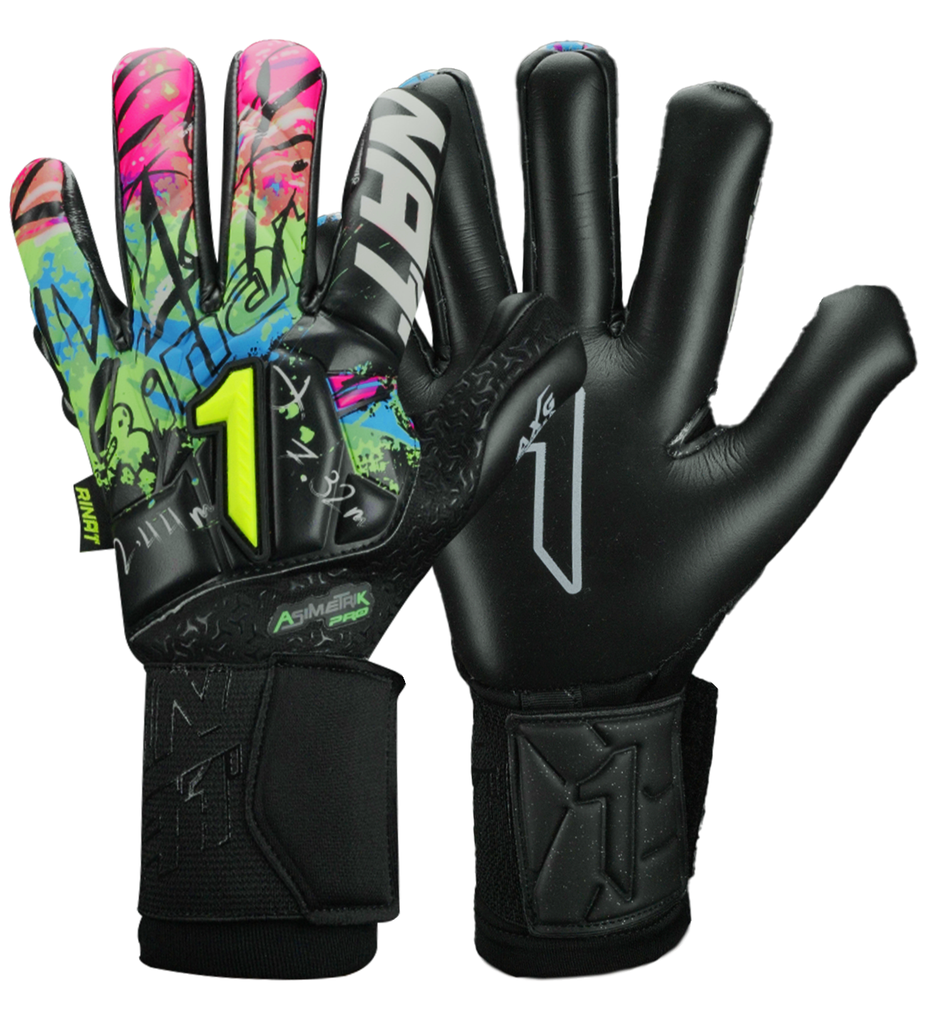 Guantes de portero Rinat Asimetrik Pro Spines en color negro con detalles verde, azul o rosa; incluyen varillas de protección removibles, palma HG+ Next resistente, corte híbrido Hyper Cut y muñequera ajustable; ideales para pasto sintético y superficies duras.