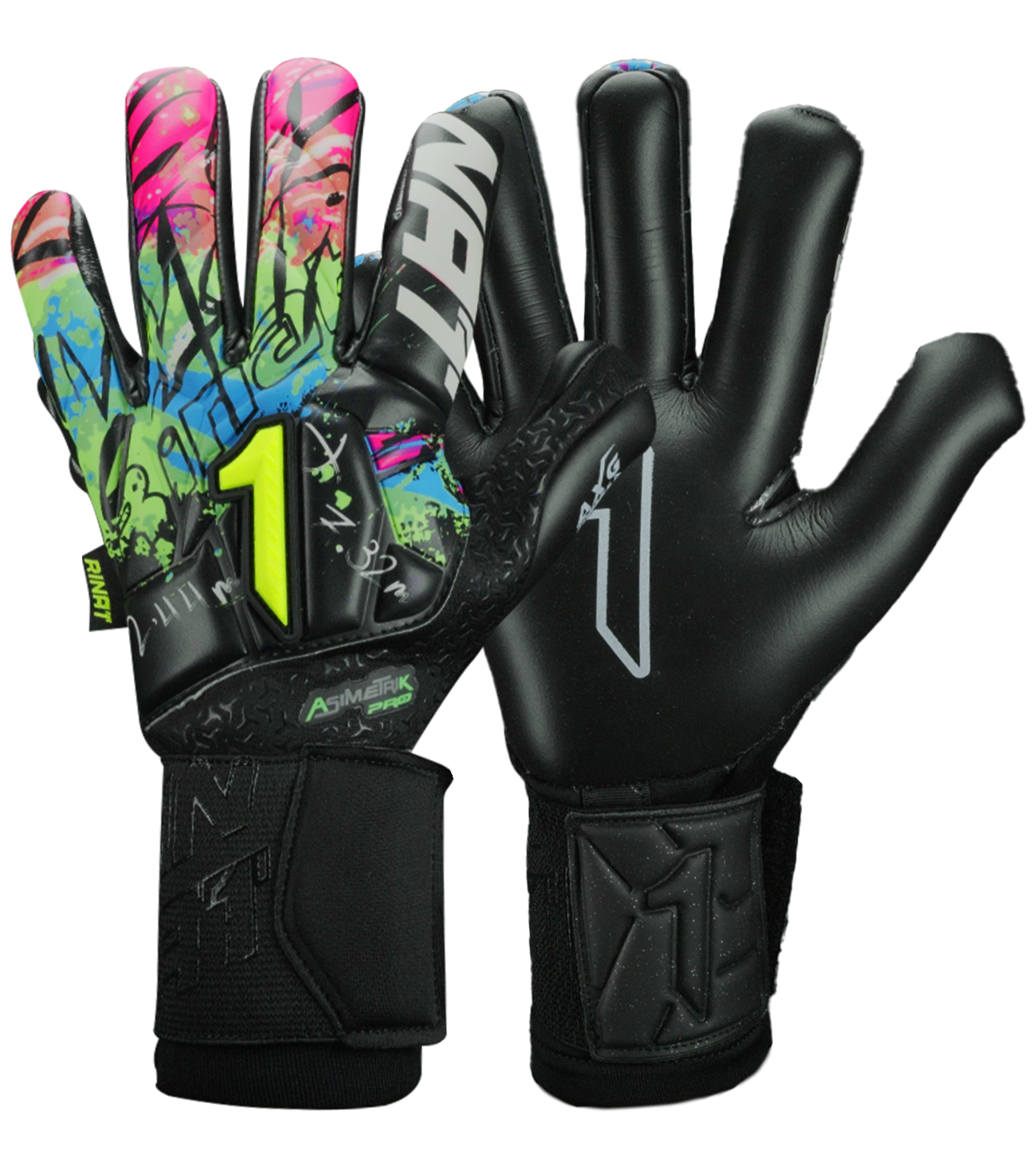 Guantes de portero Rinat Asimetrik Pro Spines en color negro con detalles verde, azul o rosa; incluyen varillas de protección removibles, palma HG+ Next resistente, corte híbrido Hyper Cut y muñequera ajustable; ideales para pasto sintético y superficies duras.