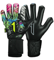 Guantes de portero Rinat Asimetrik Pro Spines en color negro con detalles verde, azul o rosa; incluyen varillas de protección removibles, palma HG+ Next resistente, corte híbrido Hyper Cut y muñequera ajustable; ideales para pasto sintético y superficies duras.